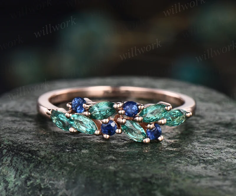 Vintage marquise emerald wedding band blue sapphire cluster stackable ring 14k rose gold unique matching band May birthstone ring