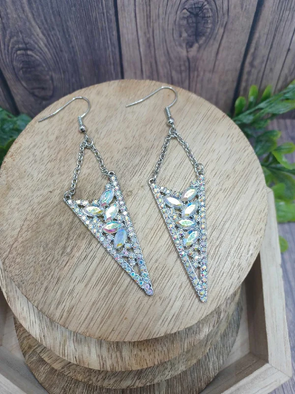 Silver Triangle Shaped Earring w/ Mermaid Rhinestones