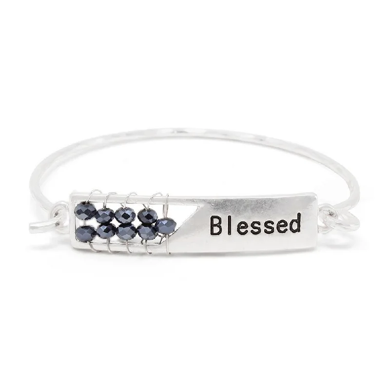 Blessed Hook Bangle with Black Glass Bead Silver Tone