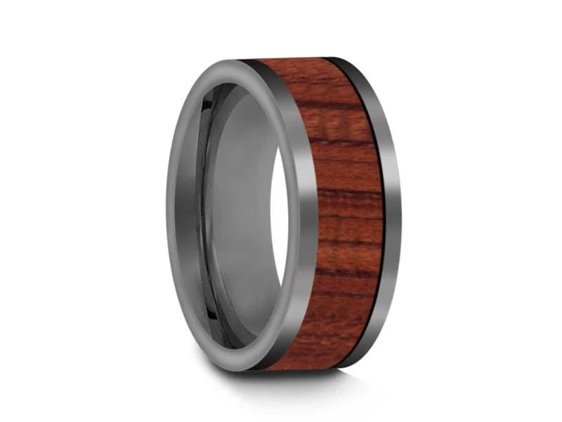 8MM HAWAIIAN Koa Wood Tungsten WEDDING BAND FLAT AND GRAY INTERIOR