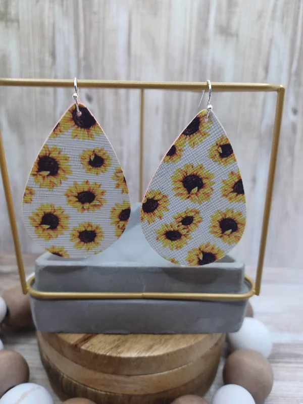 Sunflower Patterned Teardrop Leather Style Earrings