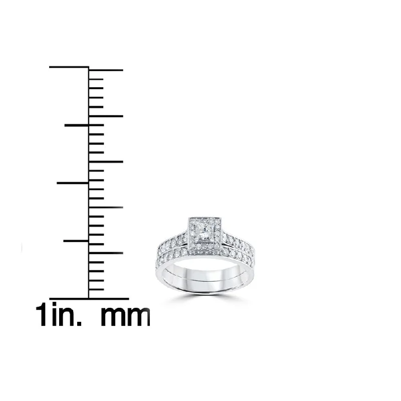 10k White Gold 3/4 cttw Princess Cut Diamond Halo Engagement Wedding Ring Set - White I-J - White I-J