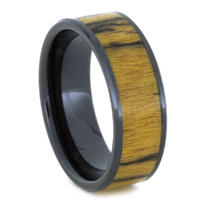 Black Ceramic Beveled Ring With Ebony Wood Inlay