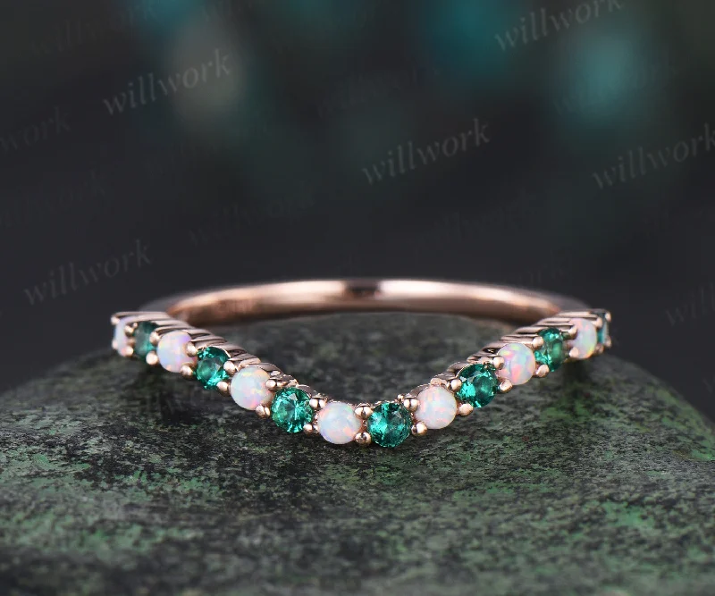 Curved opal emerald wedding band solid 14k rose gold Multi-Stone rings stacking bridal anniversary ring women gift