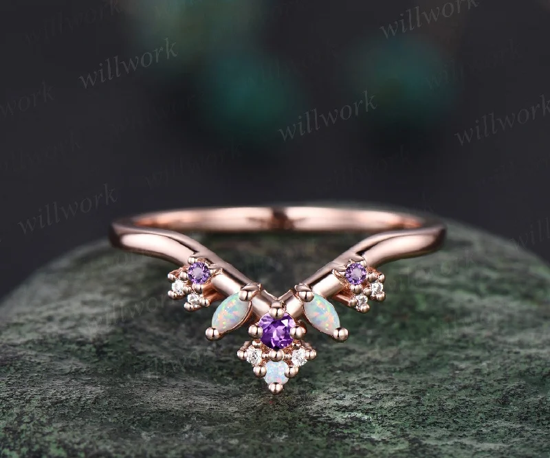 Curved opal wedding band solid 14k rose gold vintage snowdrift amethyst moissanite wedding ring band women stacking anniversary ring gift