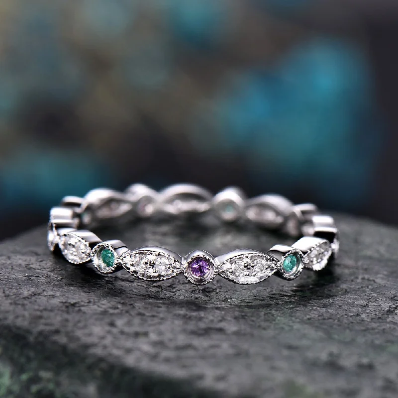 Emerald diamond wedding ring amethyst wedding band-solid 14k white gold full eternity matching band-promise ring for her,birthstone ring