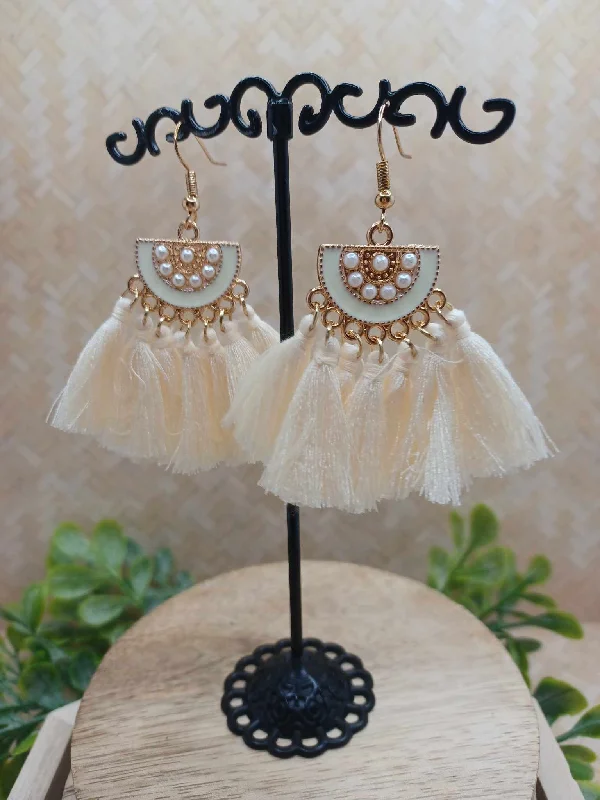 Cream Tassel Earrings w/ White Enamel & Pearl Detailing