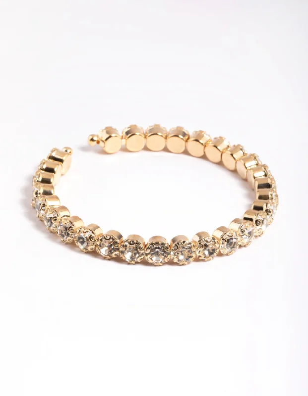 Gold Round Diamante Open Cuff Bangle