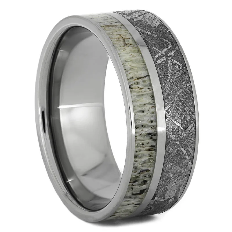 Meteorite Wedding Band with Deer Antler