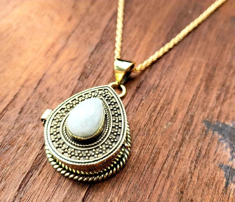 Gold Moonstone Teardrop Locket Necklace