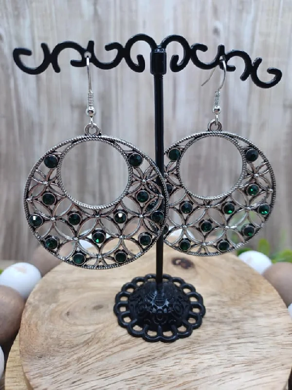 Silver Floral Design Earrings w/ Deep Green Rhinestones