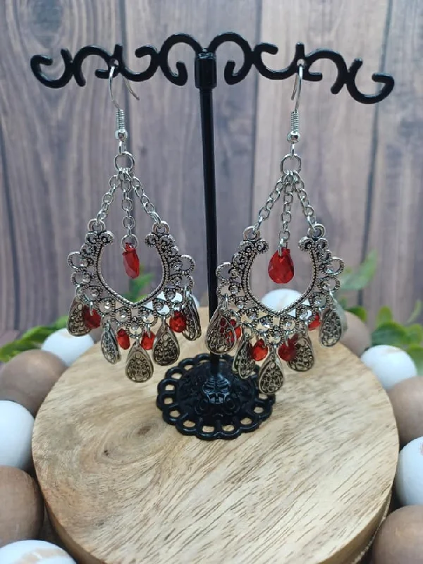 Silver Filigree Design Earrings w/ Red Beading