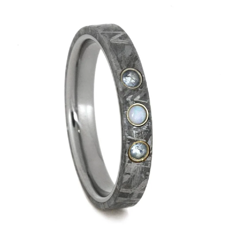 Meteorite Wedding Band with Aquamarine and Opal Gemstones