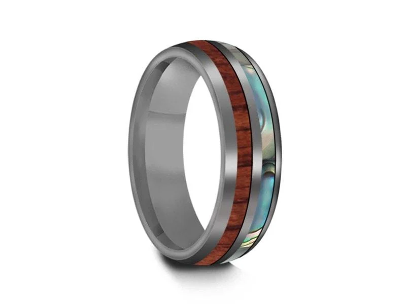 6MM HAWAIIAN Koa Wood & Abalone Tungsten WEDDING BAND DOME AND GRAY INTERIOR