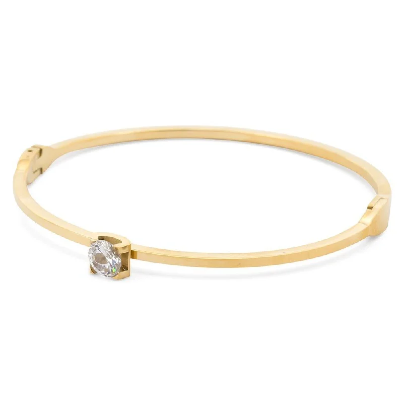 Stainless Steel Hingled Bangle Round Crystal Gold Plated