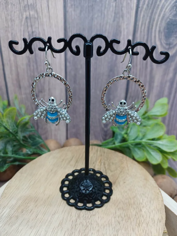 Light Blue Bee Earrings w/ Rhinestones