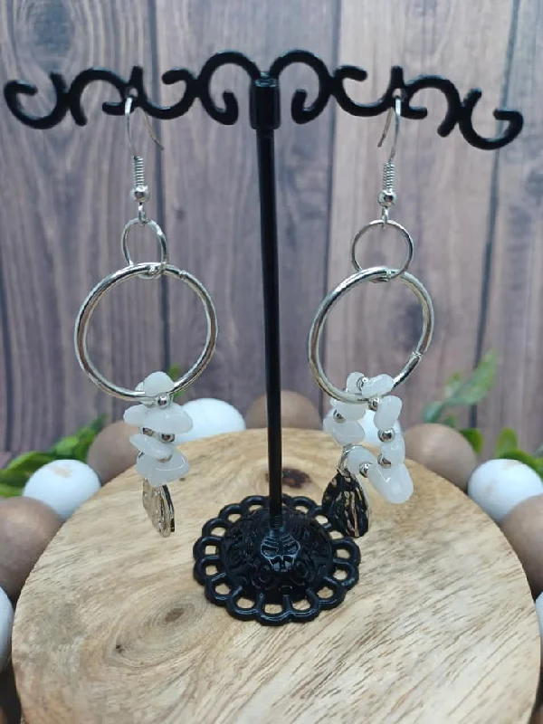 Silver Circle Earrings w/ White Dangle Beading