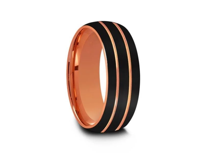 8MM BRUSHED BLACK Tungsten Wedding Band DOME AND ROSE GOLD INTERIOR