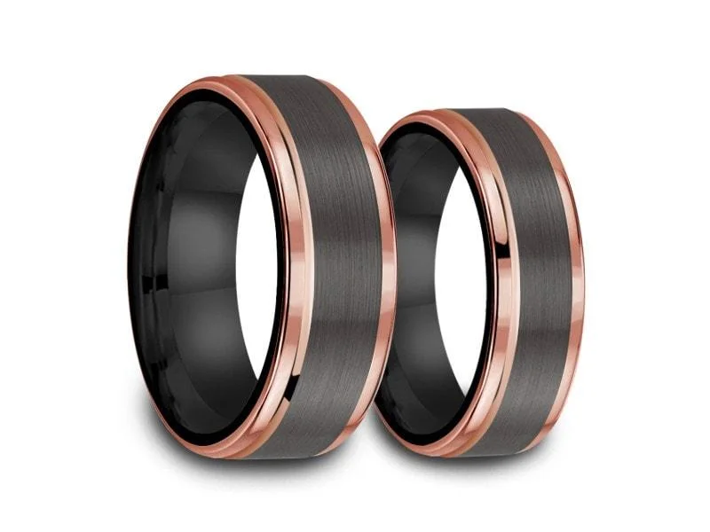 6MM/8MM BRUSHED GRAY GUNMETAL Tungsten Wedding Band Set ROSE GOLD EDGES AND BLACK INTERIOR