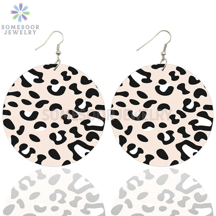 White & Tan Leopard Wooden Earrings