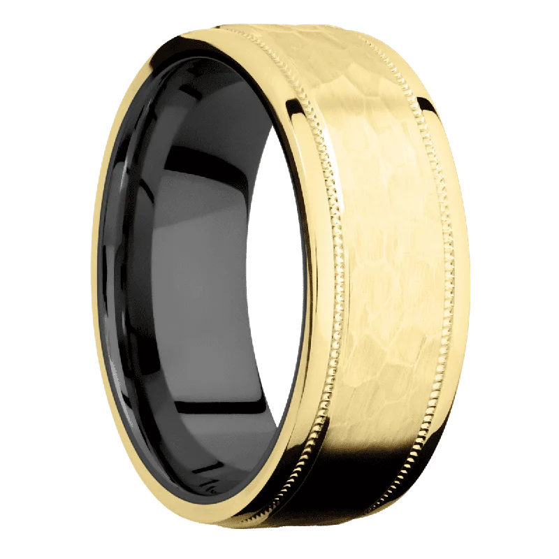 14K Yellow Gold with Hammer , Polish Finish and Zirconium