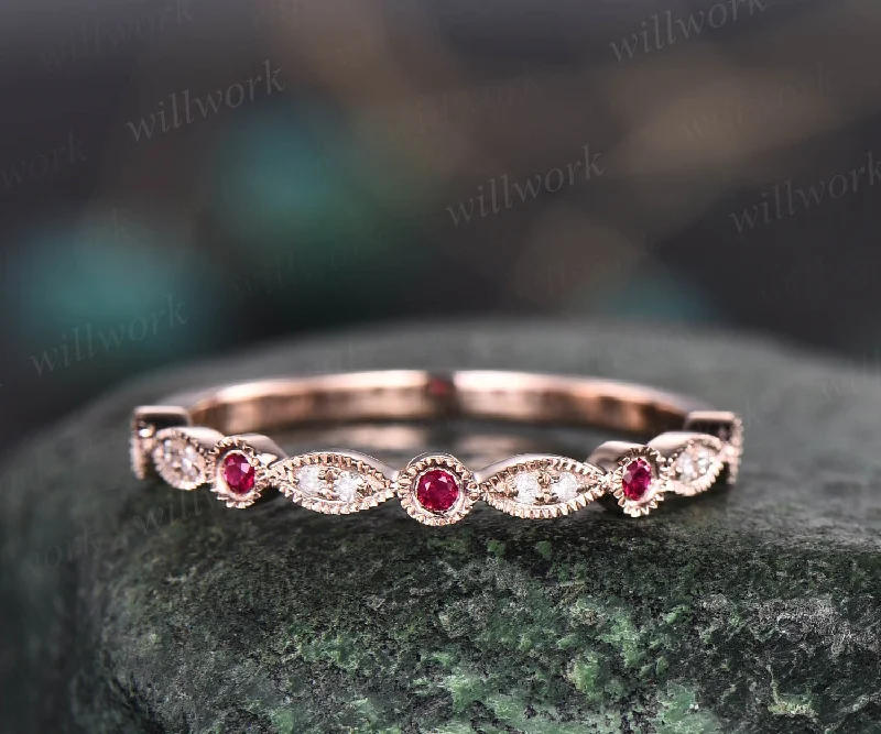 Natural ruby wedding band half eternity diamond wedding ring band 14k rose gold art deco marquise milgrain diamond wedding band bridal ring