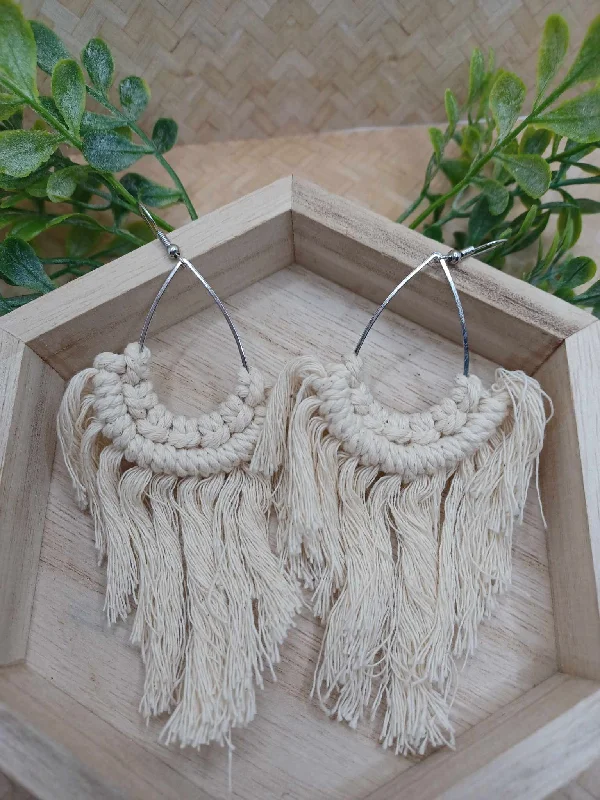 Creme Teardrop Macrame Earrings