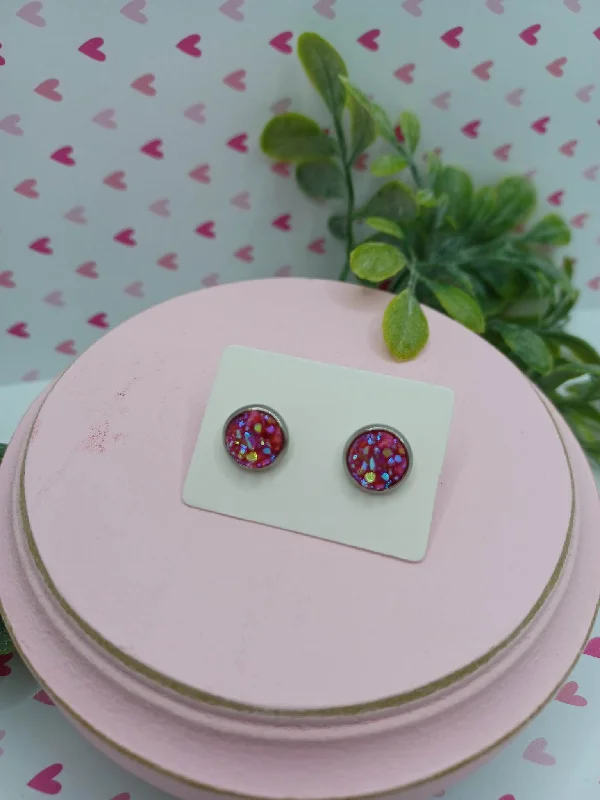 Hot Pink Druzy Earrings w/ Muiti Colored Glitter