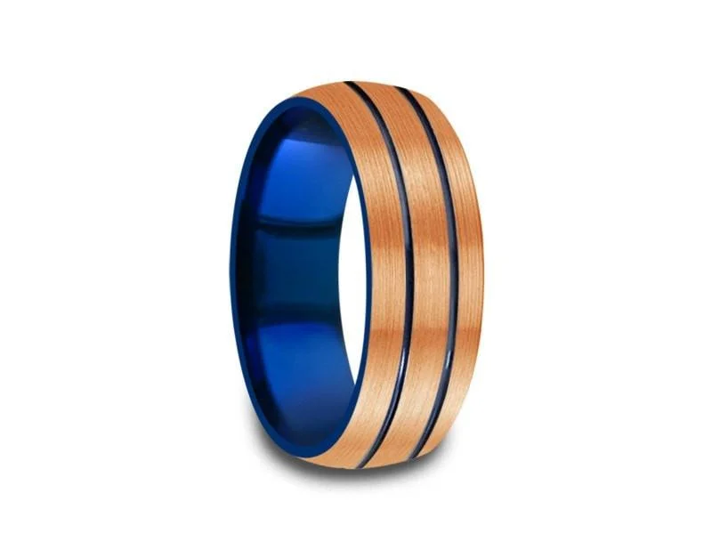 8MM BRUSHED Rose Gold Tungsten Wedding Band DOME AND BLUE INTERIOR