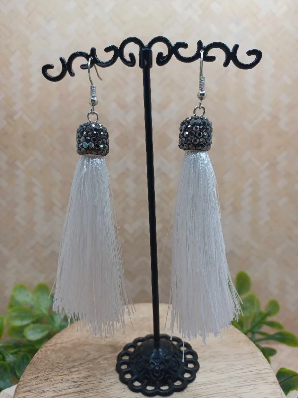 White Tassel Earrings w/ Gunmetal Beaded Detail