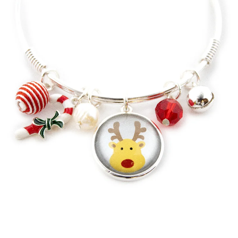 Red Reindeer Charm Bangle Silver Tone