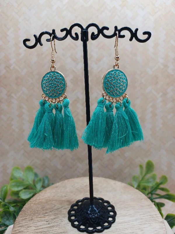 Teal Design Earrings w/ Tassel & Gold Detailing