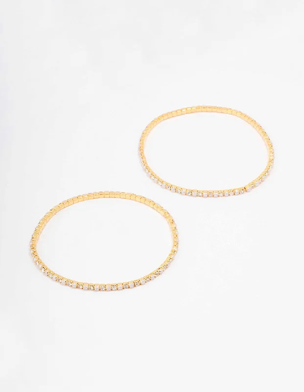 Gold Plated Alternating Mini Cubic Zirconia Pearl Stretch Bangle