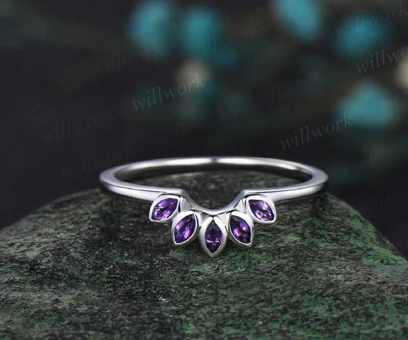 Curved Crown Shaped Wedding Band Marquise Amethyst Wedding Ring Unique Amethyst Wedding Band Solid 14k Rose Gold Ring Anniversary Ring Gift