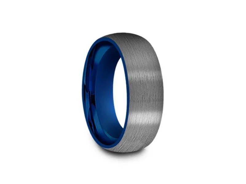 8MM Brushed GRAY GUNMETAL Tungsten Wedding Band DOME AND BLUE INTERIOR