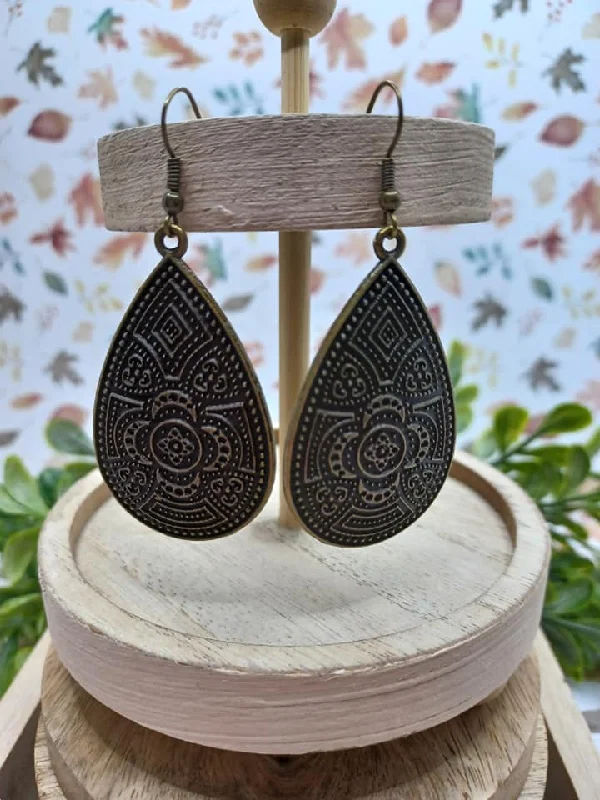 Brass Teardrop Style Earrings w/ Floral Embossed Design