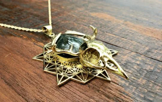 Wild Gold Labadorite Skull Metatron’s Cube Necklace