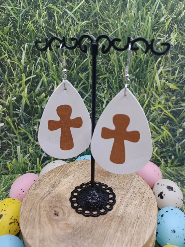 White Leather Style Earrings w/ Brown Cross