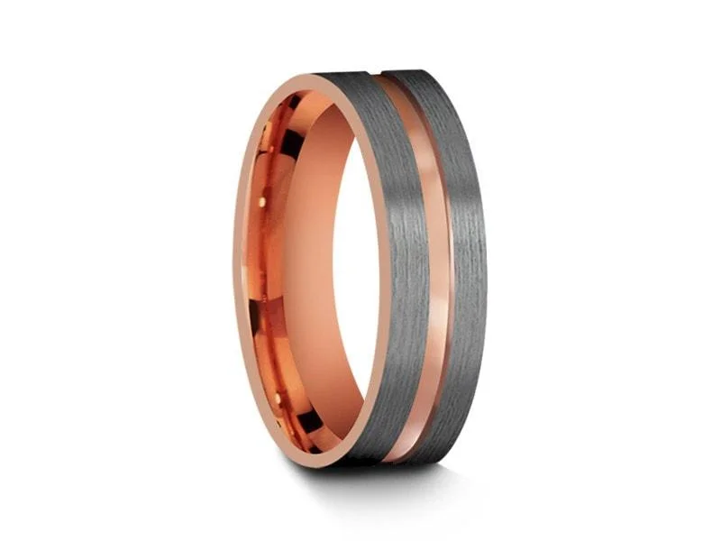 6MM BRUSHED GRAY Tungsten Wedding Band ROSE GOLD CENTER AND ROSE GOLD INTERIOR