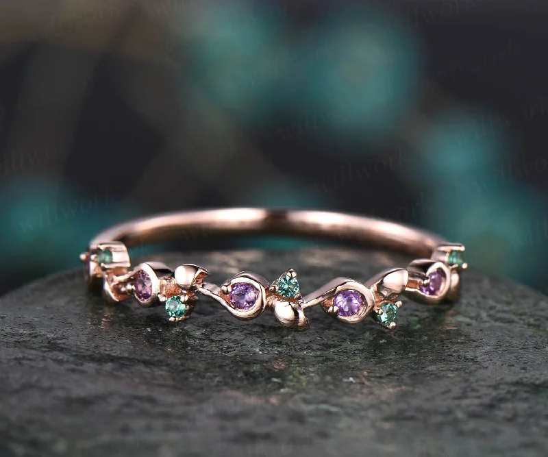 Vintage natural emerald ring emerald wedding band amethyst ring wedding band unique ring May birthstone ring graduation anniversary gift