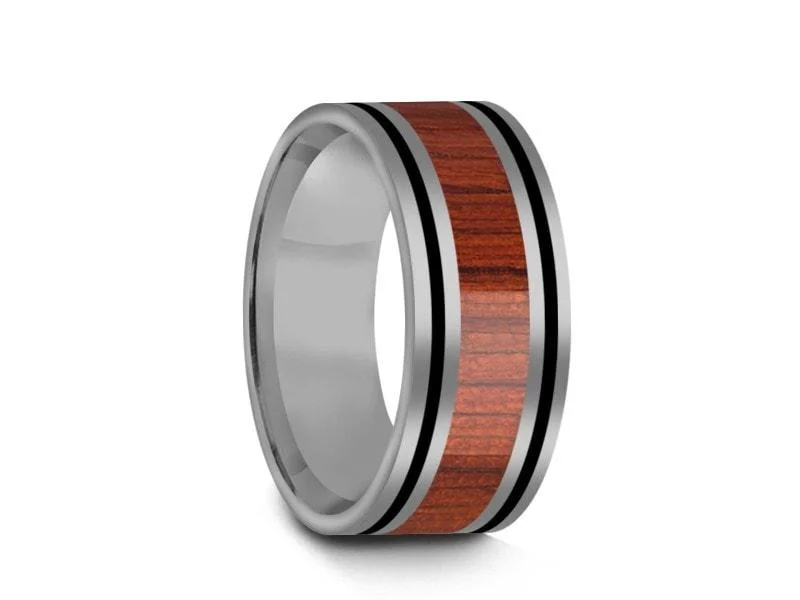 8MM HAWAIIAN Koa Wood Tungsten WEDDING BAND FLAT AND GRAY INTERIOR