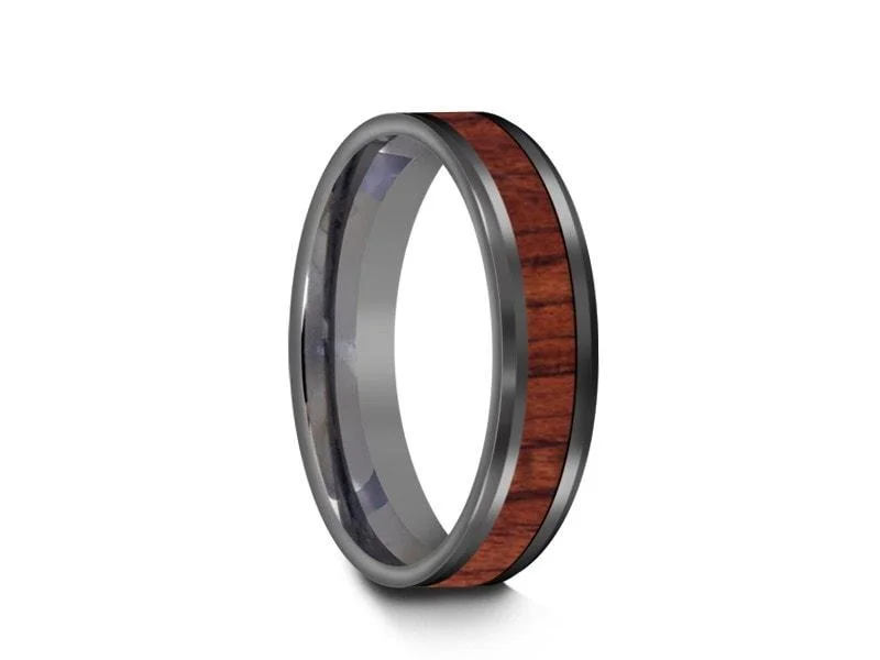 5MM HAWAIIAN Koa Wood Tungsten WEDDING BAND BEVELED AND GRAY INTERIOR