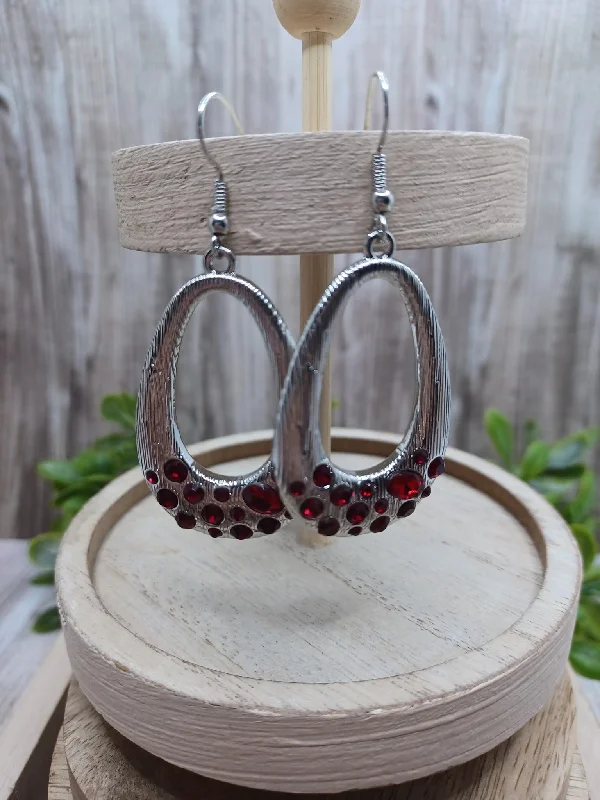 Silver Textured Teardrop Earrings w/ Red Rhinestones