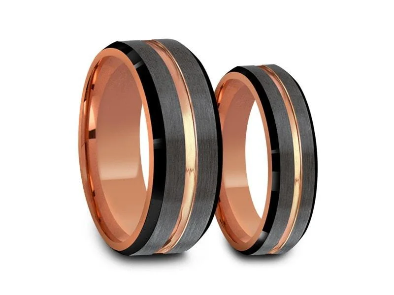 6MM/8MM BRUSHED GRAY Tungsten Wedding Band Set BLACK EDGES AND ROSE GOLD INTERIOR