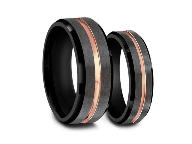 6MM/8MM BRUSHED GRAY TUNGSTEN WEDDING BAND SET CENTER ROSE GOLD AND BLACK INTERIOR