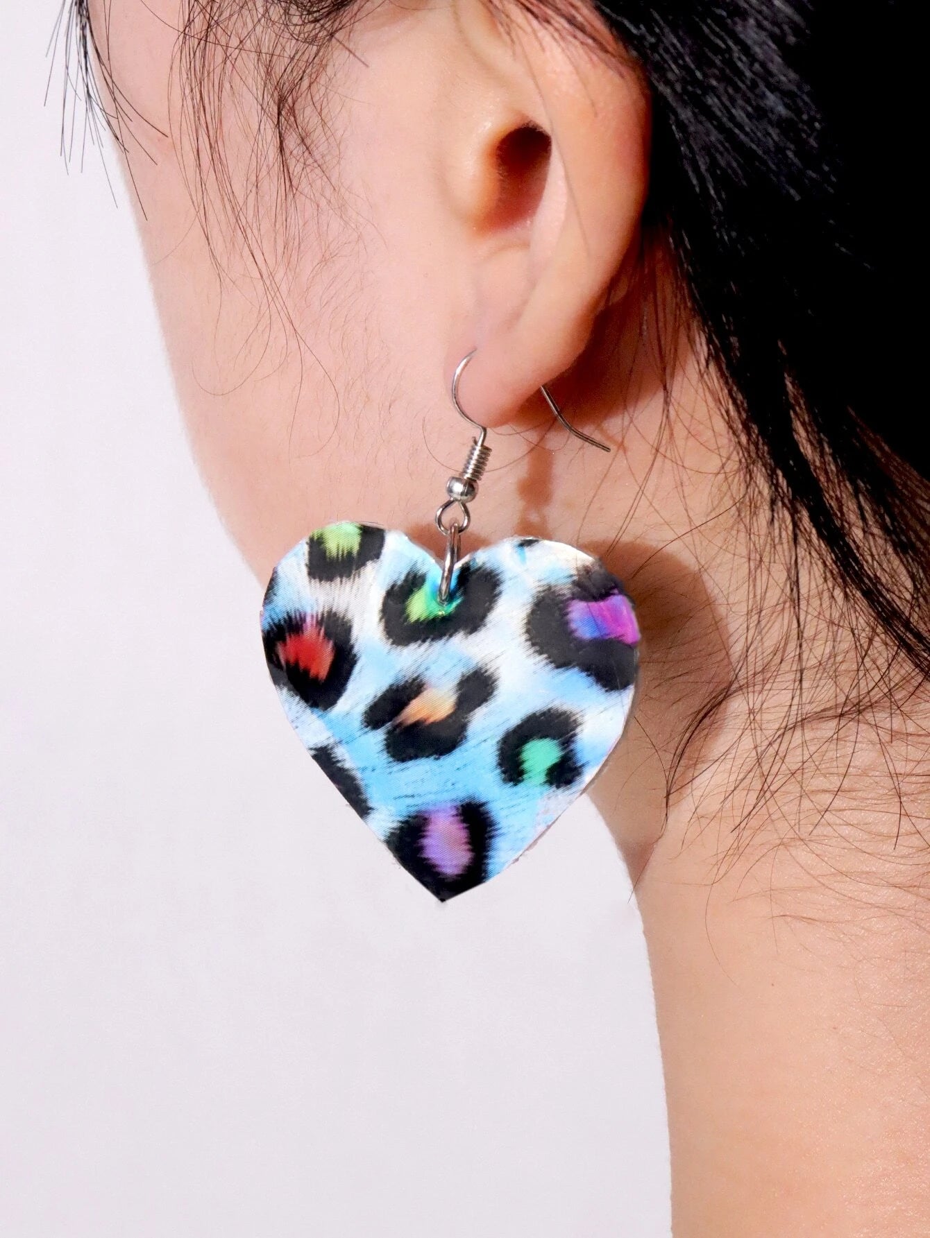 Holographic Multicolored Leopard Heart Shaped Earrings