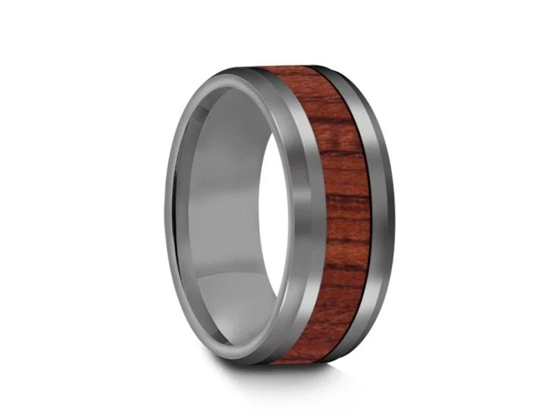 8MM HAWAIIAN Koa Wood Tungsten WEDDING BAND BEVELED AND GRAY INTERIOR