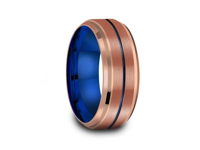 8MM Rose Gold Tungsten Wedding Band BLUE CENTER AND BLUE INTERIOR