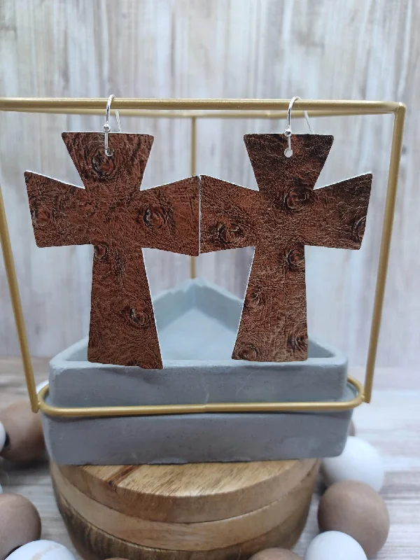 Gold Chromed Cross Leather Style Earrings