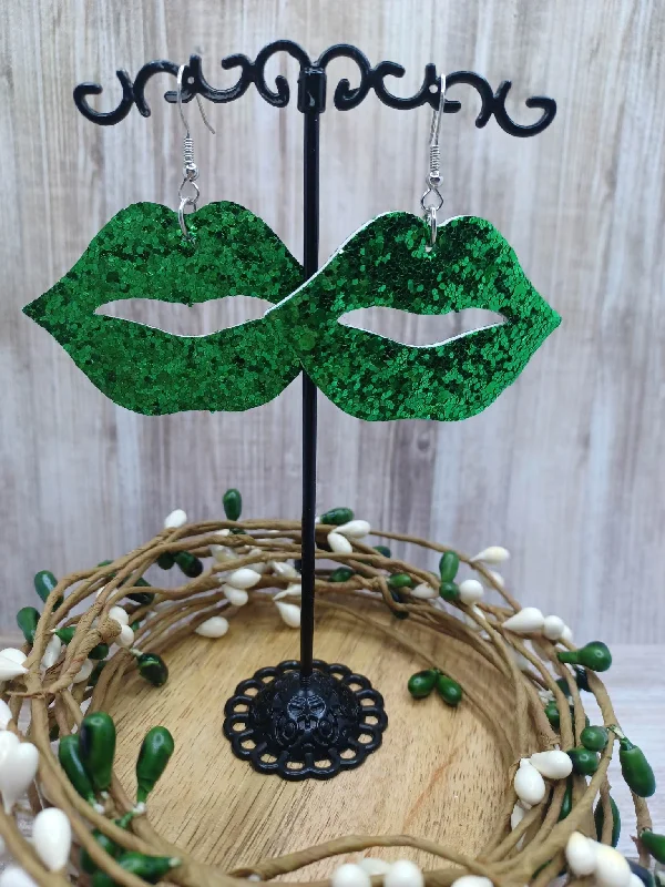 Green Glitter Lips Leather Style Earrings